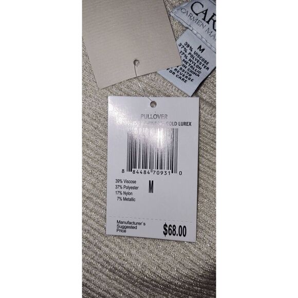 Carmen Marc Valvo Womens Ivory/Soft Gold Lurex Metallic Pullover Sweater NWT Siz - Picture 9 of 14